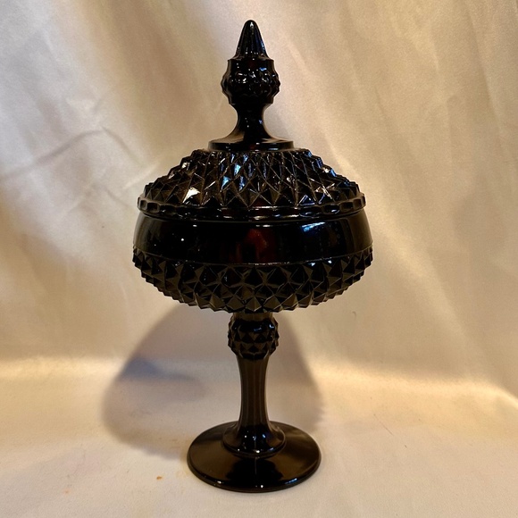 Mid-Century Black Diamond Point Tall Candy Dish with Lid - Picture 1 of 4